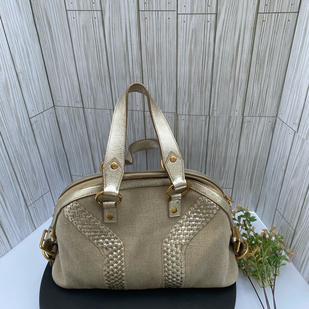 Yves Saint Laurent Muse Tan Canvas Leather Satchel Handbag Gold Tone Hardware